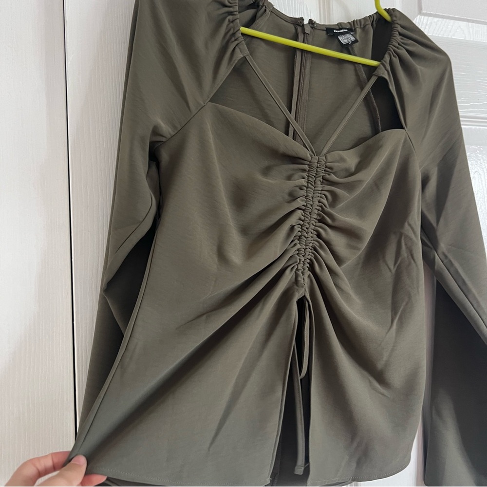 Express Olive Green Drawstring Ruched Women's Top - Picture 2 of 5